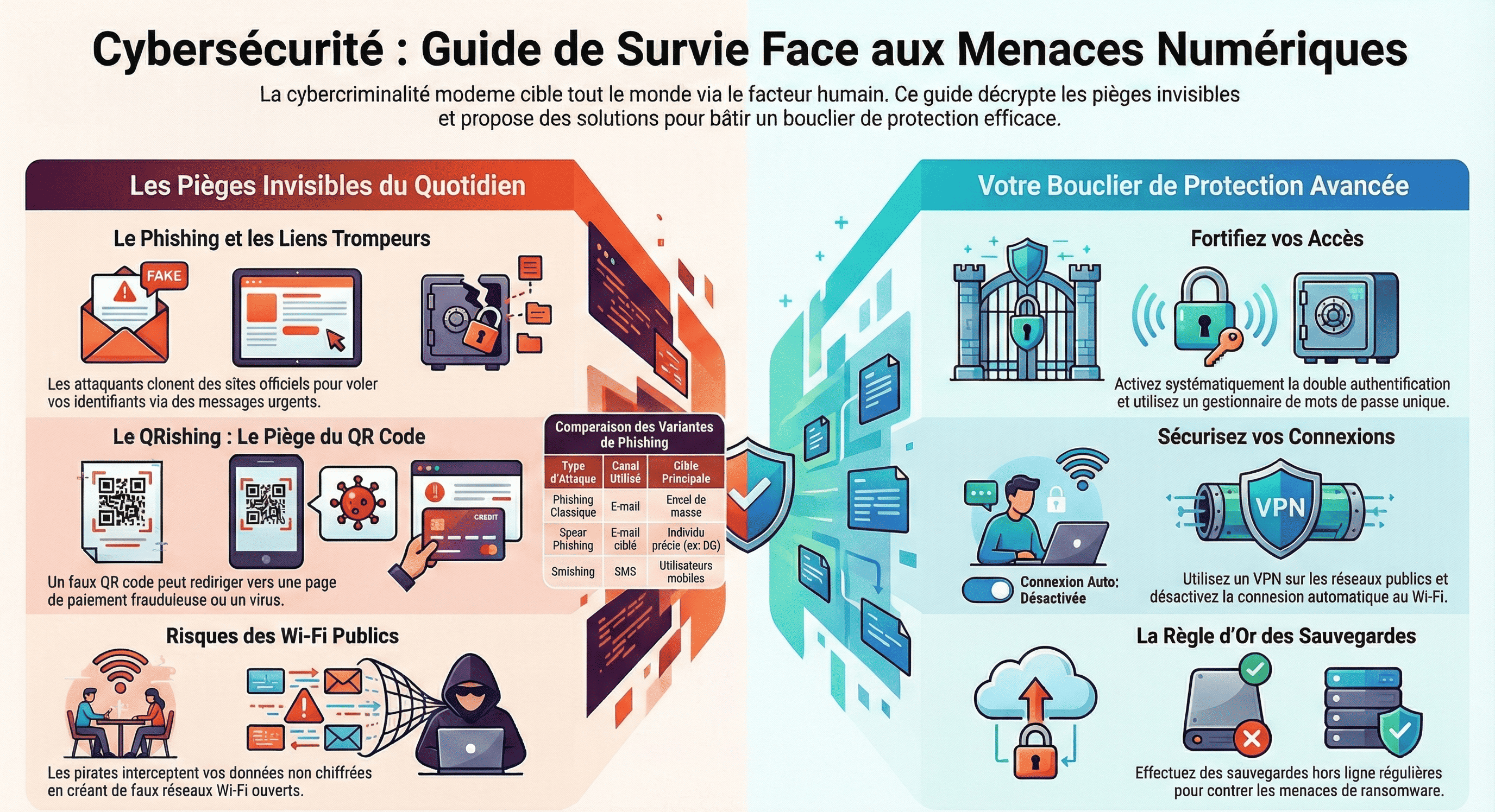Cybersécurité moderne : comprendre les menaces numériques (liens malveillants, QR codes frauduleux, Wi-Fi publics, fichiers infectés, phishing, smishing, ransomware) et adopter une protection avancée